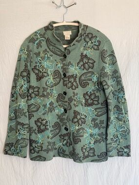 Sigrid Olsen Sport Floral Knitted TealGreen Heathered Knit Button Sweater Jacket